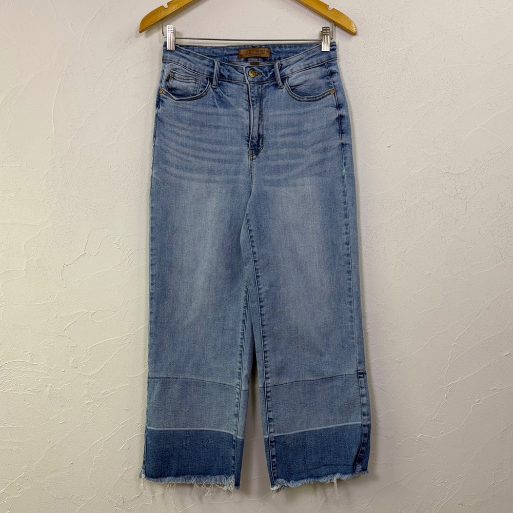 Judy Blue Wide Leg Jeans Womens 7 28 Raw Hem Colorblock Boho
